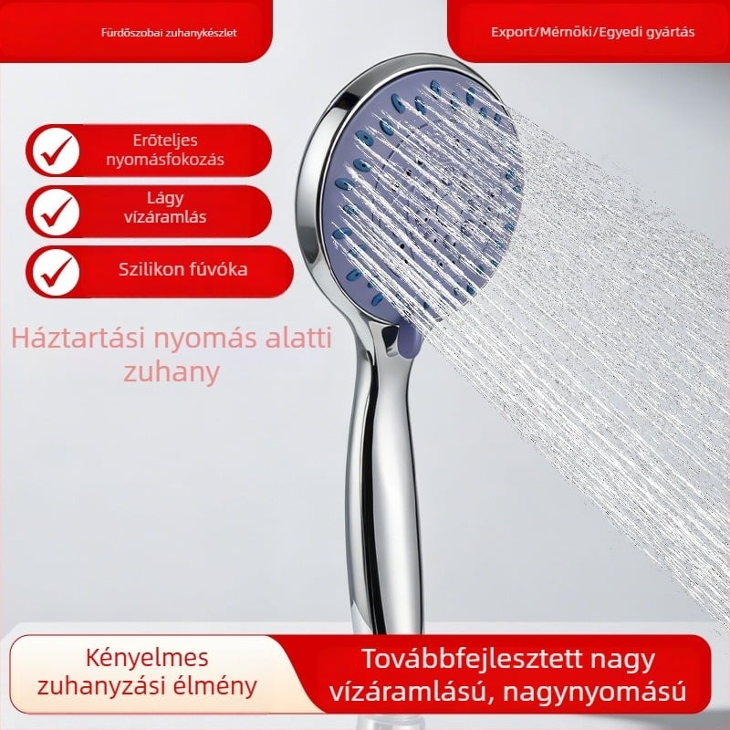 Nagy vízhozamú kézi zuhanyfej, egyfejű, többszintű állíthatóság, elektrogalván bevonat, nyomásnövelő zuhanykészlet