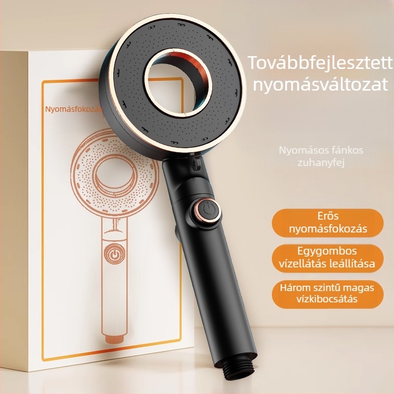 Kézi nyomású gyűrűs zuhanyfej, üreges, fánk alakú, állandó hőmérsékletű eső üzemmód, ABS műanyag