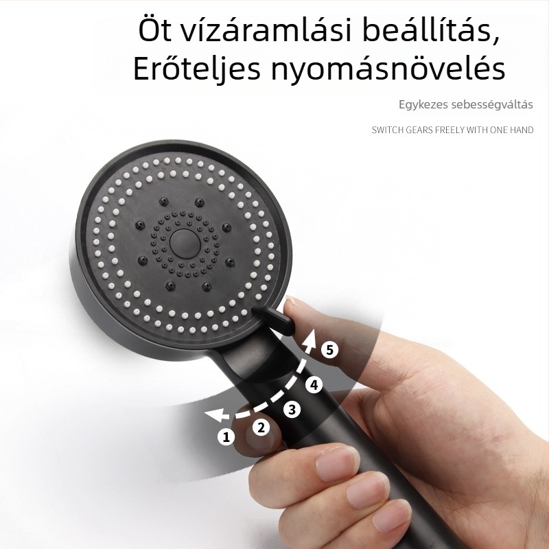 Öt sebességes fekete harcos nyomásos zuhanyfej, otthoni fürdőszobához és vízmelegítőhöz – esőzuhany