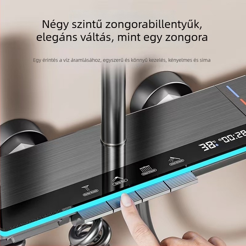 Zuhanykészlet, modell 555, Space-alumínium, LED világítás, négyzet alakú zuhany, fúrással szerelés