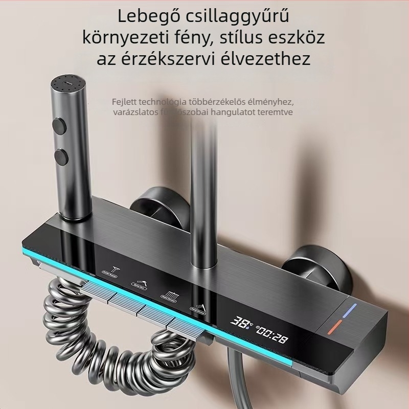 Zuhanykészlet, modell 555, Space-alumínium, LED világítás, négyzet alakú zuhany, fúrással szerelés
