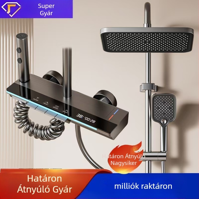 Zuhanykészlet, modell 555, Space-alumínium, LED világítás, négyzet alakú zuhany, fúrással szerelés