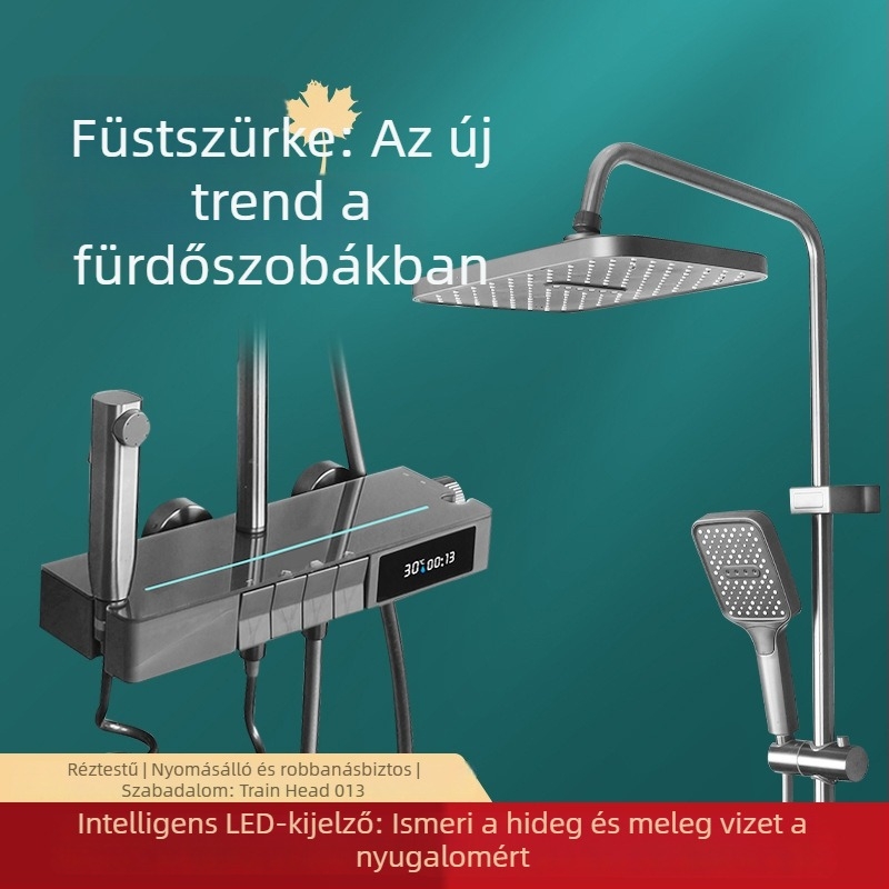 Zuhanykészlet, réz kivitel, négyszöges zuhanyfej, felületre szerelt, krómozott bevonat, működik 90°C-ig