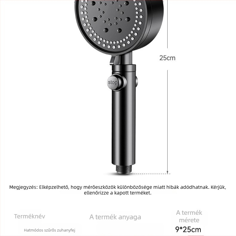 Kézi zuhanyfej magas nyomással és 5 üzemmóddal (permetezés, masszázs, eső), ABS anyag, falra szerelhető