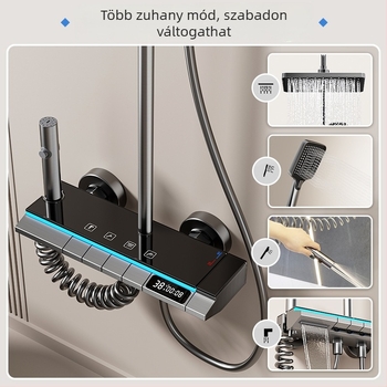Hőmérséklet-szabályozású zuhanykészlet négy sebességű kézi zuhannyal, négyszögletes forma, felületre szerelhető, anodizált alumínium, modell Ym-4209