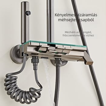 Réz anyagú zuhanykészlet, modell Hs 03030301 Q, falra szerelhető, négyszögletes zuhanyfej, hőmérséklet-szabályozás, esőfúvás és LED világítás