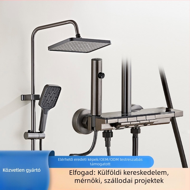 Réz anyagú zuhanykészlet, modell Hs 03030301 Q, falra szerelhető, négyszögletes zuhanyfej, hőmérséklet-szabályozás, esőfúvás és LED világítás