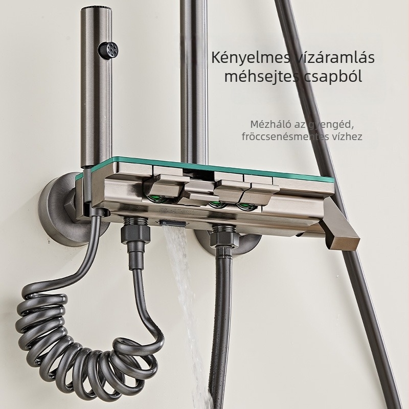 Réz anyagú zuhanykészlet, modell Hs 03030301 Q, falra szerelhető, négyszögletes zuhanyfej, hőmérséklet-szabályozás, esőfúvás és LED világítás