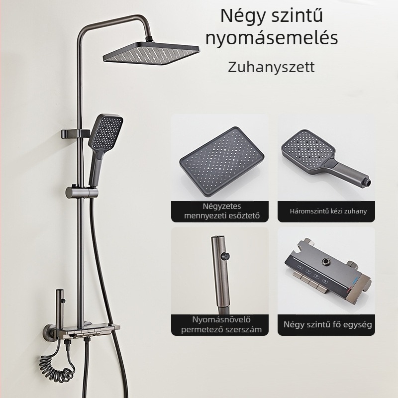 Réz anyagú zuhanykészlet, modell Hs 03030301 Q, falra szerelhető, négyszögletes zuhanyfej, hőmérséklet-szabályozás, esőfúvás és LED világítás
