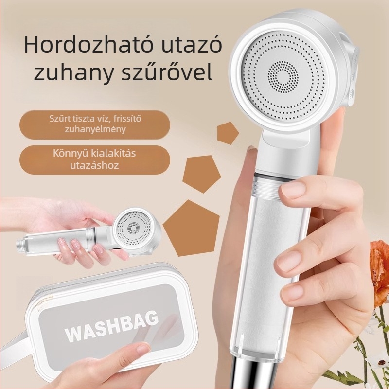 Hordozható utazási zuhanyfej szűrővel és nyomásnövelő funkcióval