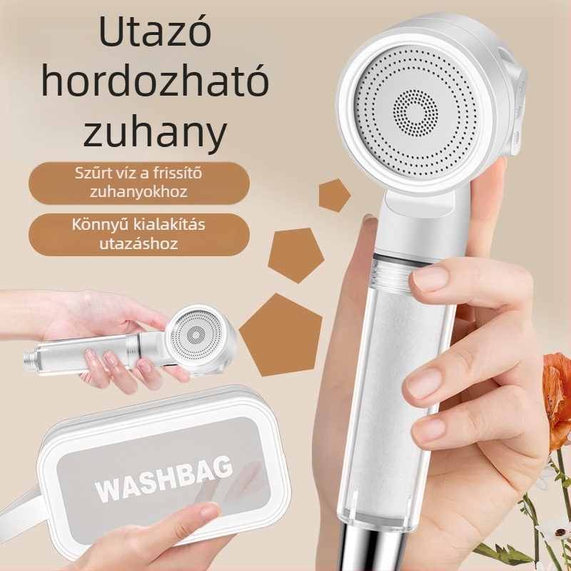 Hordozható utazási zuhanyfej szűrővel és nyomásnövelő funkcióval