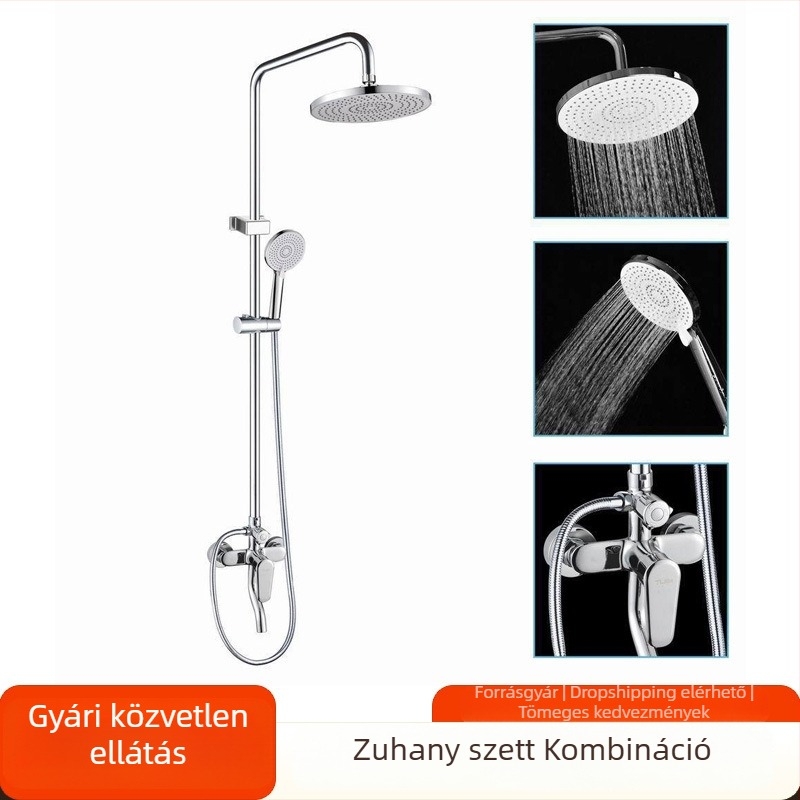 Fürdőszobai zuhanykészlet réz testű csap, esőzuhany, nyomásnövelő zuhanyfej, meleg és hideg víz