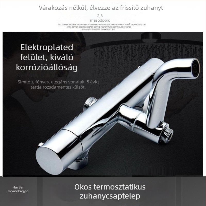 Réz termosztatikus zuhanycsaptele elektromos vízmelegítővel, modell 61210, falra szerelve, működési hőmérséklet 38–50°C, névleges nyomás 3,5 MPa