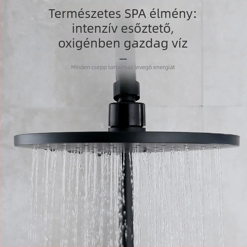 Zuhanszett rejtett falon történő szereléssel, réz esőzuhannyal, kerek forma, modell Black duck
