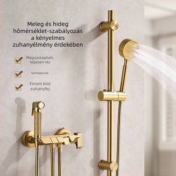 Kefés arany felületű teljes réz zuhanykészlet, falra szerelhető, osztott kialakítású zuhanyfej, nyomásfokozóval