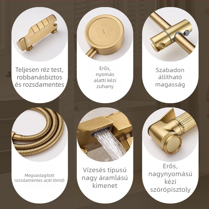 Kefés arany felületű teljes réz zuhanykészlet, falra szerelhető, osztott kialakítású zuhanyfej, nyomásfokozóval