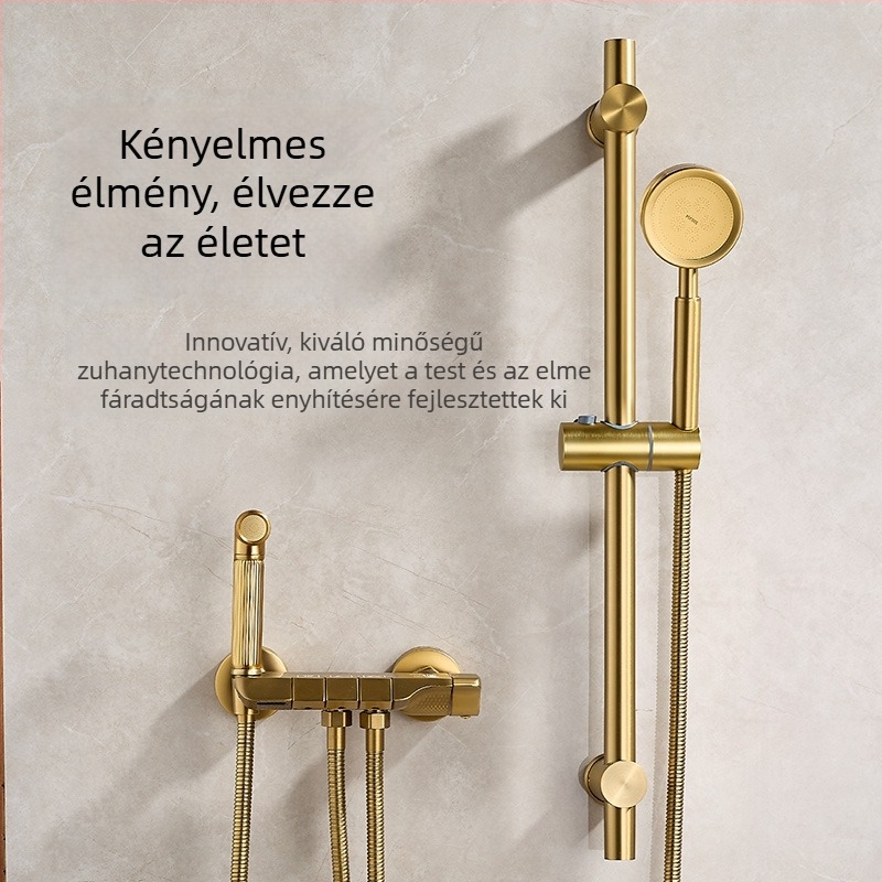 Kefés arany felületű teljes réz zuhanykészlet, falra szerelhető, osztott kialakítású zuhanyfej, nyomásfokozóval