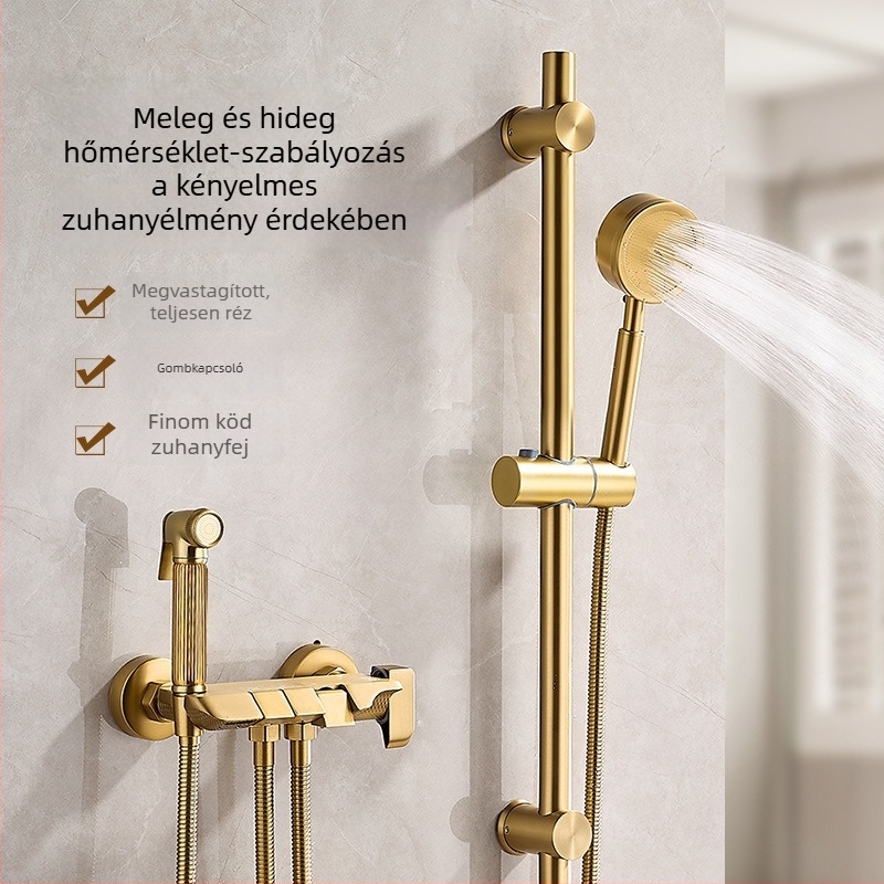 Kefés arany felületű teljes réz zuhanykészlet, falra szerelhető, osztott kialakítású zuhanyfej, nyomásfokozóval