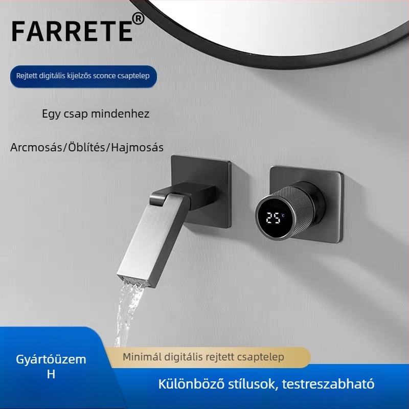 Beépített termosztatikus mosdócsaptele digitális kijelzővel, rozsdamentes acél, szálcsiszolt felülettel
