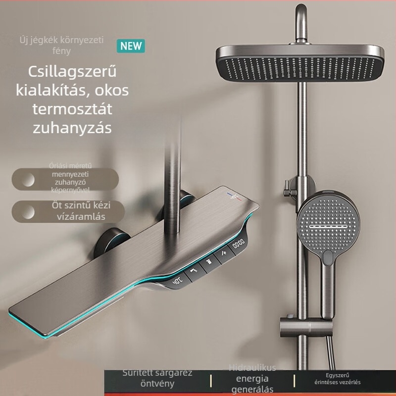 Beépített réz zuhanyrendszer digitális hőmérséklet-kijelzővel és többfunkciós zuhanyfejjel (modells 6988)