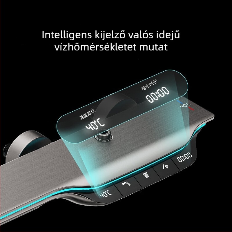 Beépített réz zuhanyrendszer digitális hőmérséklet-kijelzővel és többfunkciós zuhanyfejjel (modells 6988)
