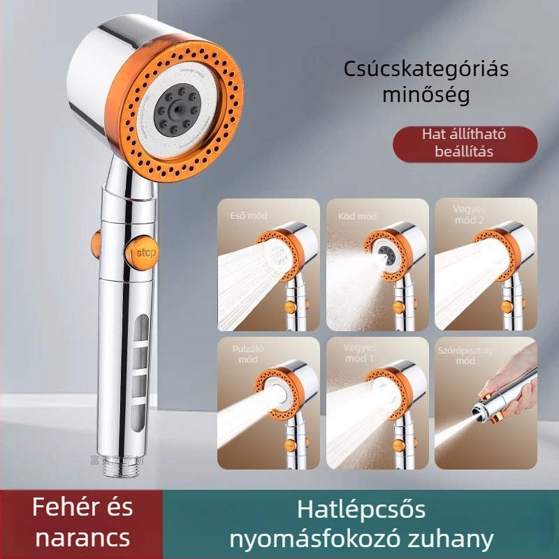 Nyomásos zuhanyfej készlet — permetezés és eső funkció, ABS test, krómozott felület, spirális csatlakozás, 0–95°C működési tartomány