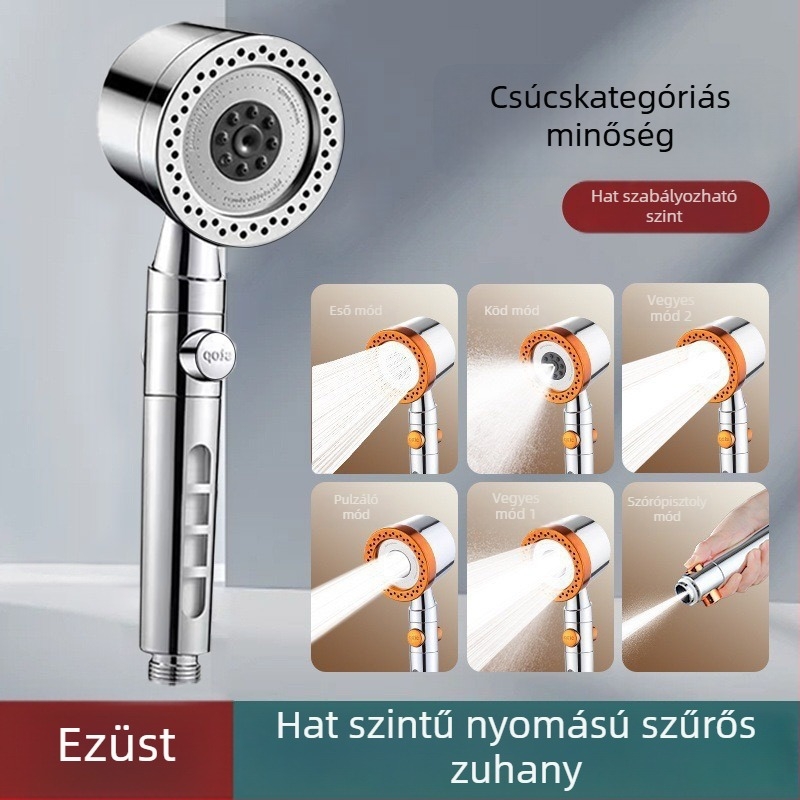 Nyomásos zuhanyfej készlet — permetezés és eső funkció, ABS test, krómozott felület, spirális csatlakozás, 0–95°C működési tartomány