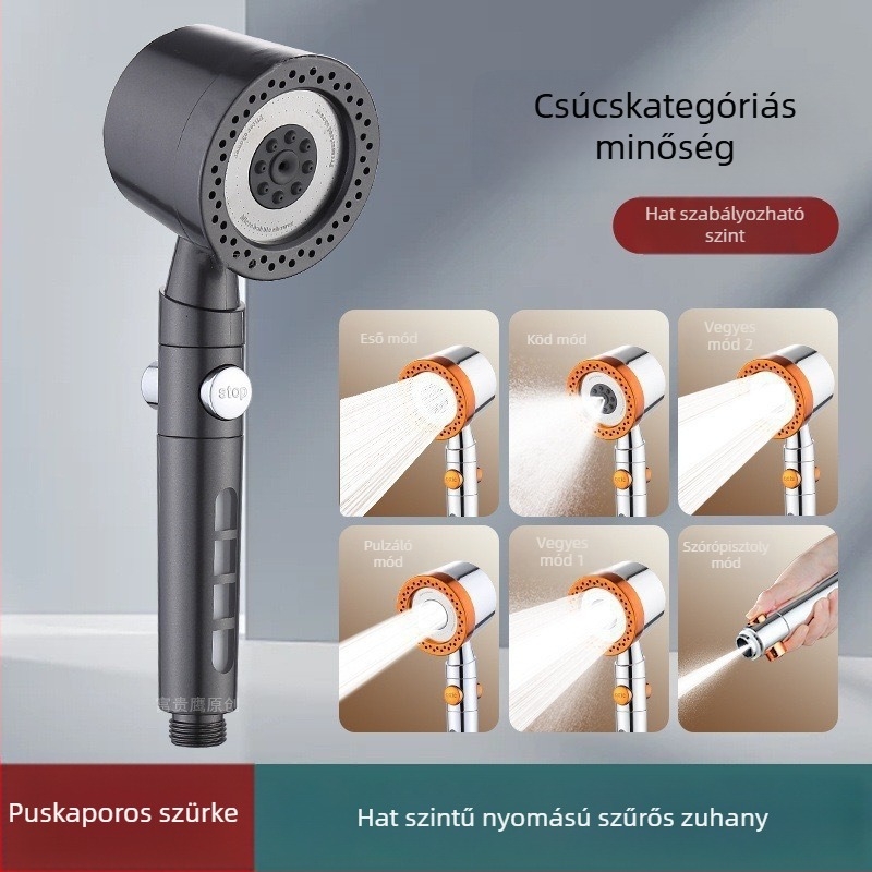 Nyomásos zuhanyfej készlet — permetezés és eső funkció, ABS test, krómozott felület, spirális csatlakozás, 0–95°C működési tartomány