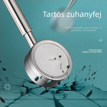 Kézi zuhanyfej rozsdamentes acélból, nyomásos, esőzuhany és permet funkcióval, falra szerelhető, kefézett felülettel