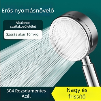 Kézi zuhanyfej rozsdamentes acélból, nyomásos, esőzuhany és permet funkcióval, falra szerelhető, kefézett felülettel