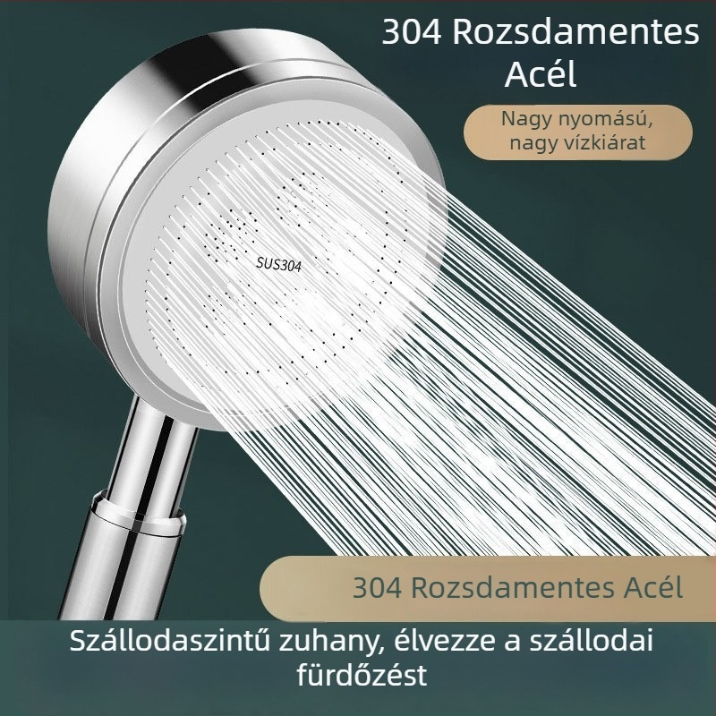 Kézi zuhanyfej rozsdamentes acélból, nyomásos, esőzuhany és permet funkcióval, falra szerelhető, kefézett felülettel