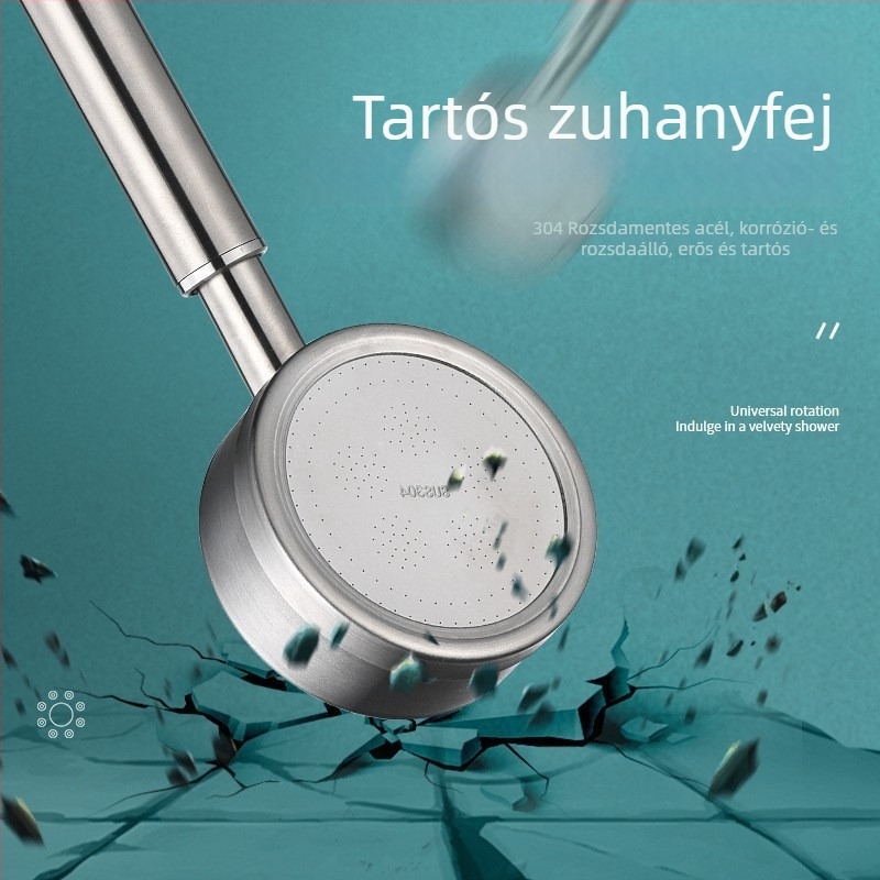 Kézi zuhanyfej rozsdamentes acélból, nyomásos, esőzuhany és permet funkcióval, falra szerelhető, kefézett felülettel