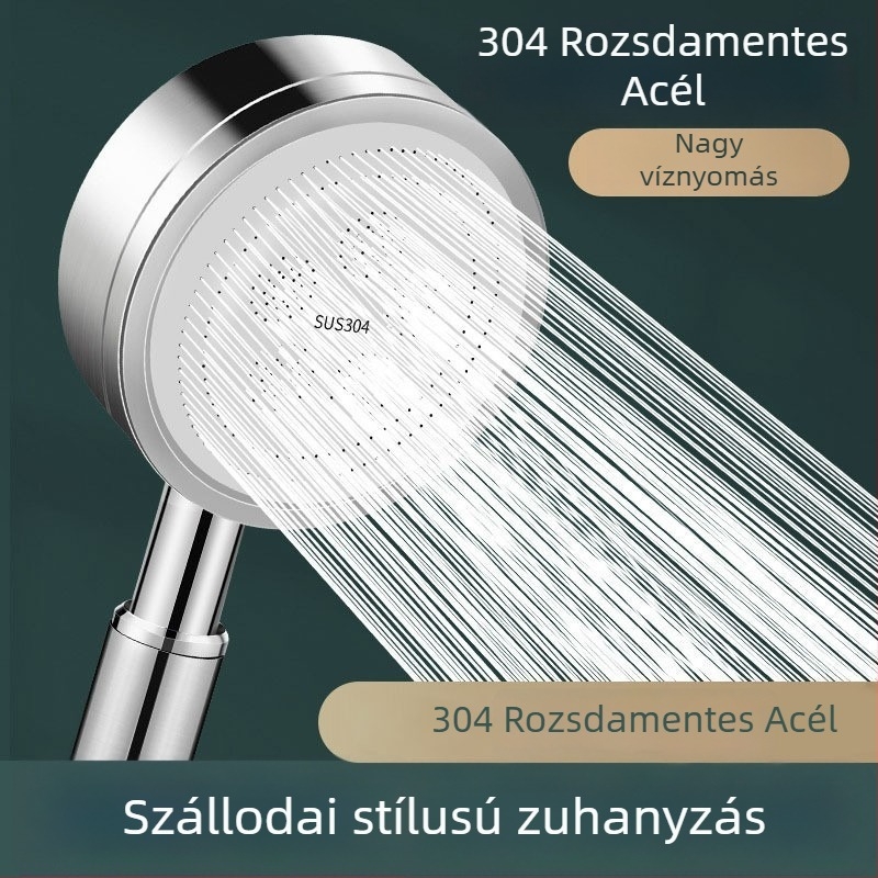 Kézi zuhanyfej rozsdamentes acélból, nyomásos, esőzuhany és permet funkcióval, falra szerelhető, kefézett felülettel