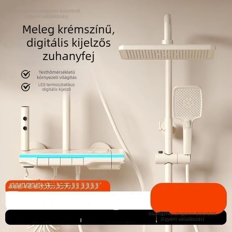 Krém színű zuhanykészlet nyomásfokozó zuhanyfejjel, digitális kijelzővel és termosztatikus állandó hőmérséklet szabályozással otthoni használatra