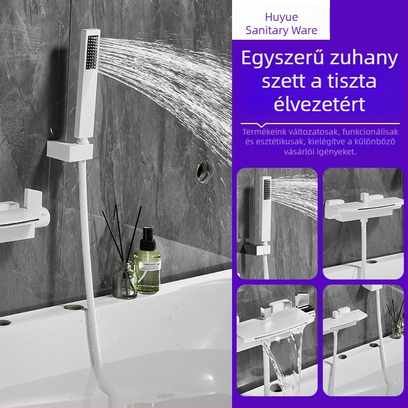 Vízfolyás-stílusú fürdőkád csaptele oldalsó meleg–hideg keverővel és zuhanykészlettel
