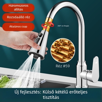 réz konyhai csaptele hosszabbítóval, nyomásnövelővel, fröccsenés elleni védelemmel, univerzális forgócsatlakozóval és mosogatószórófejjel