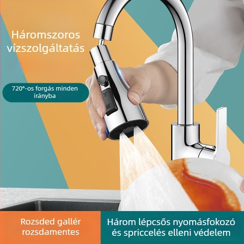 réz konyhai csaptele hosszabbítóval, nyomásnövelővel, fröccsenés elleni védelemmel, univerzális forgócsatlakozóval és mosogatószórófejjel