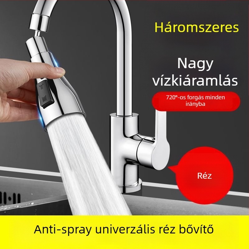 réz konyhai csaptele hosszabbítóval, nyomásnövelővel, fröccsenés elleni védelemmel, univerzális forgócsatlakozóval és mosogatószórófejjel