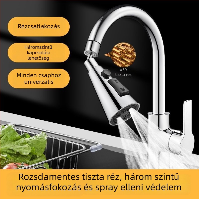 réz konyhai csaptele hosszabbítóval, nyomásnövelővel, fröccsenés elleni védelemmel, univerzális forgócsatlakozóval és mosogatószórófejjel