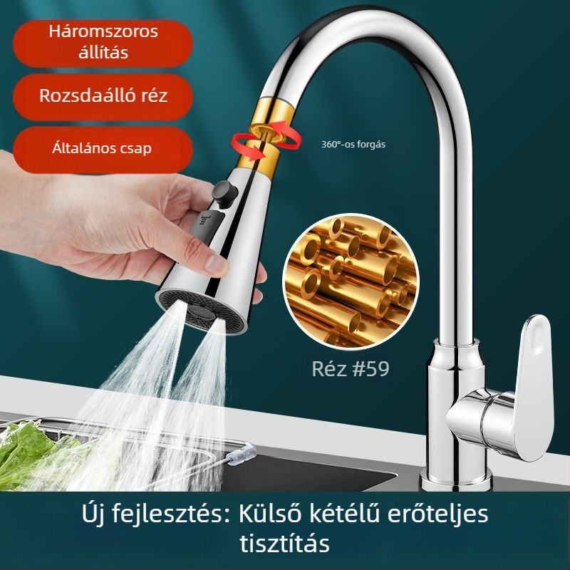 réz konyhai csaptele hosszabbítóval, nyomásnövelővel, fröccsenés elleni védelemmel, univerzális forgócsatlakozóval és mosogatószórófejjel
