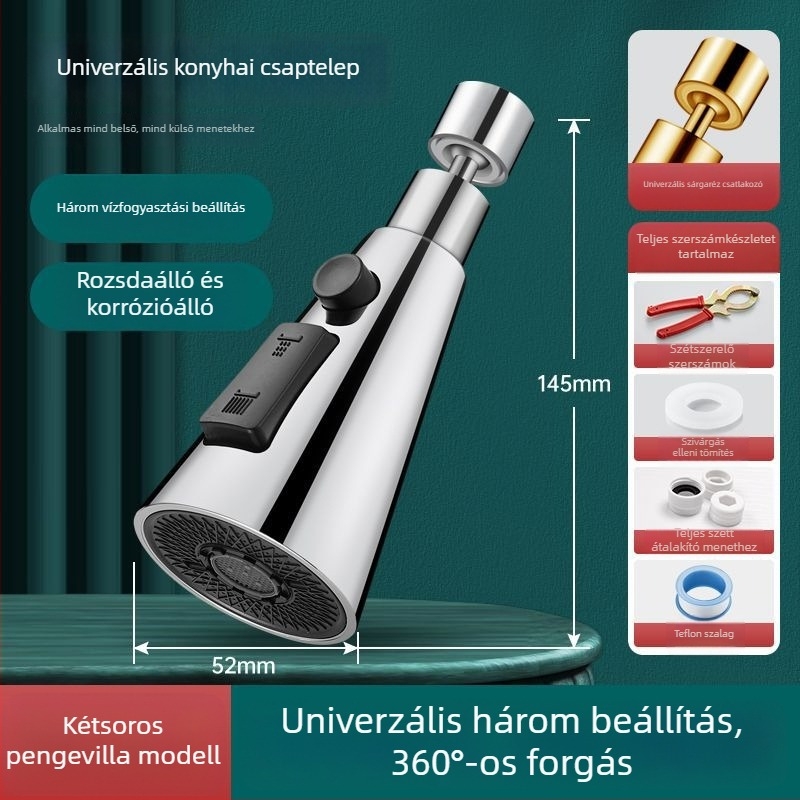 réz konyhai csaptele hosszabbítóval, nyomásnövelővel, fröccsenés elleni védelemmel, univerzális forgócsatlakozóval és mosogatószórófejjel