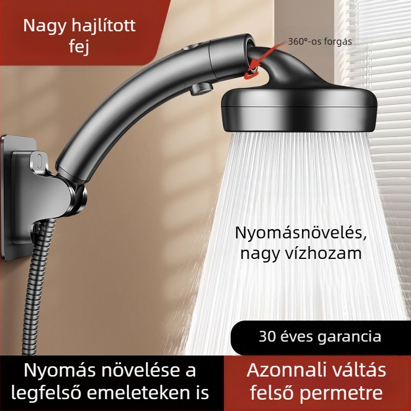 Állítható könyökös zuhanyfej – eső mód, anti-scaling védelem, nyomás-szabályozás, 360° forgás, ABS, falra szerelhető, kerek formájú