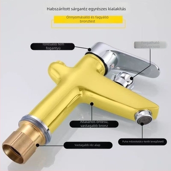 Egypontos mosogatócsap teljesen rézből, meleg- és hideg víz keverő, kerámiatárcsa, 0-90°C