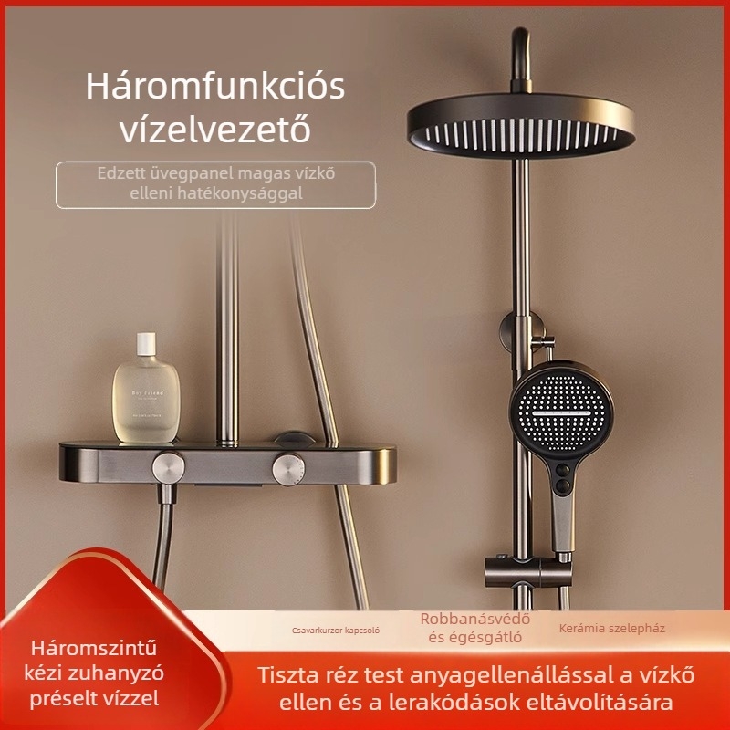 Réz zuhanykészlet, falra szerelhető, körkörös krómozott fej, funkciók permet és eső, modell KLH-8030