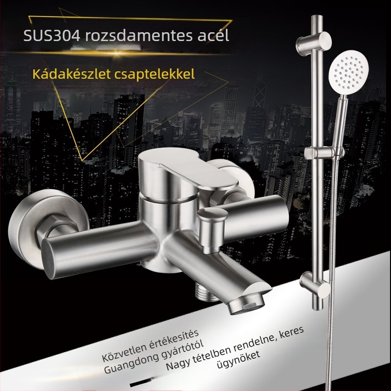 Beépíthető háromrészes fürdőkádi csap kézi zuhannyal, 304 rozsdamentes acélból, meleg/hideg keverő, kerámiapatron