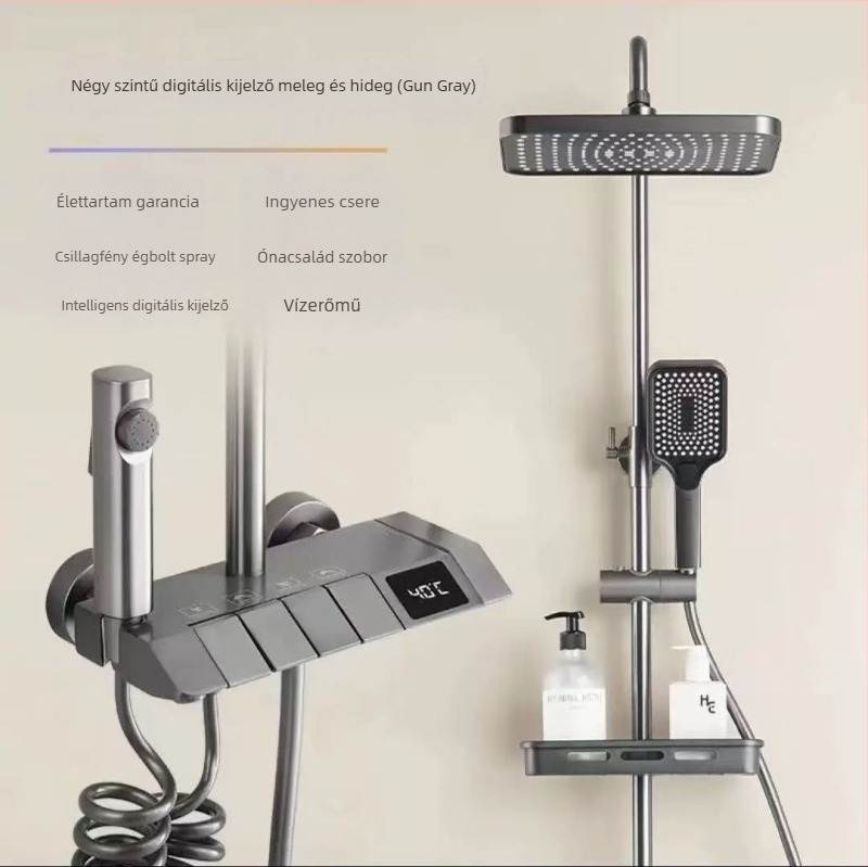 Digitális kijelzős zuhanyfej, beépített szerelés, réztest, LED világítás, hőmérséklet-szabályozás
