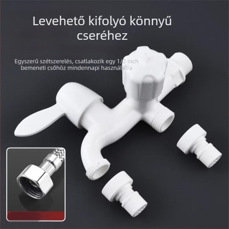 Mosógép csaptele háromutas kettős kimenettel, kerámiás szeleppel, műanyag test, falra szerelve