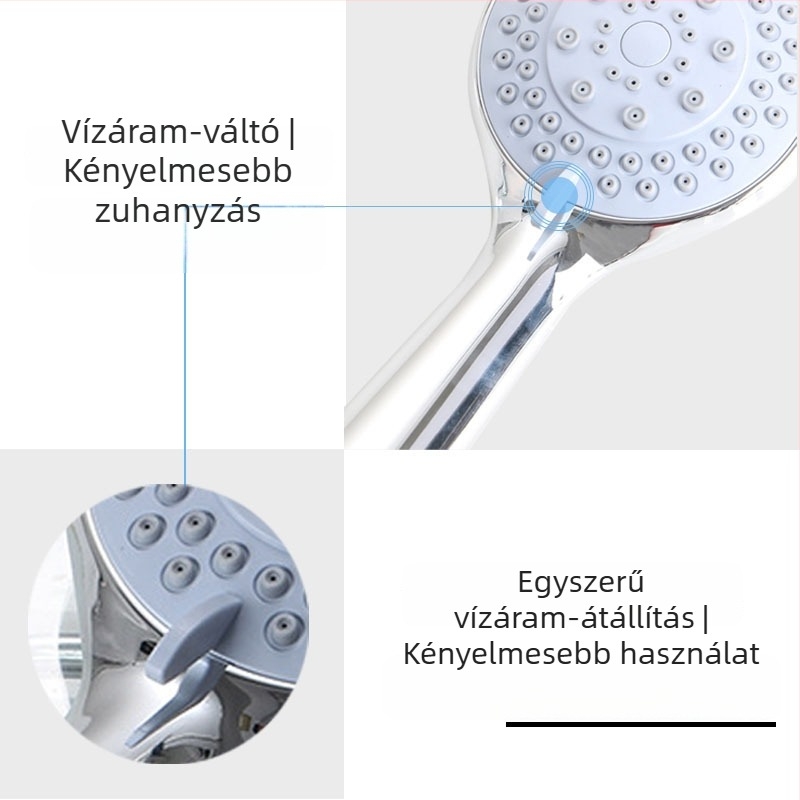 Kerek falra szerelhető zuhanyfej elektroplatált felülettel, ABS anyagból, 3 és 5 sebességre állítható, DN15 4-pontos univerzális csatlakozás, névleges nyomás 1 MPa