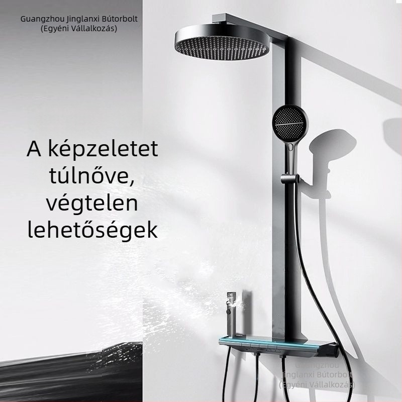 Beépített négyzet alakú zuhanyfej 304 rozsdamentes acélból, forgatható, állítható beállításokkal és nyomásfokozó funkcióval, digitális kijelző a konstans hőmérséklethez, modern minimalistikus kialakítás