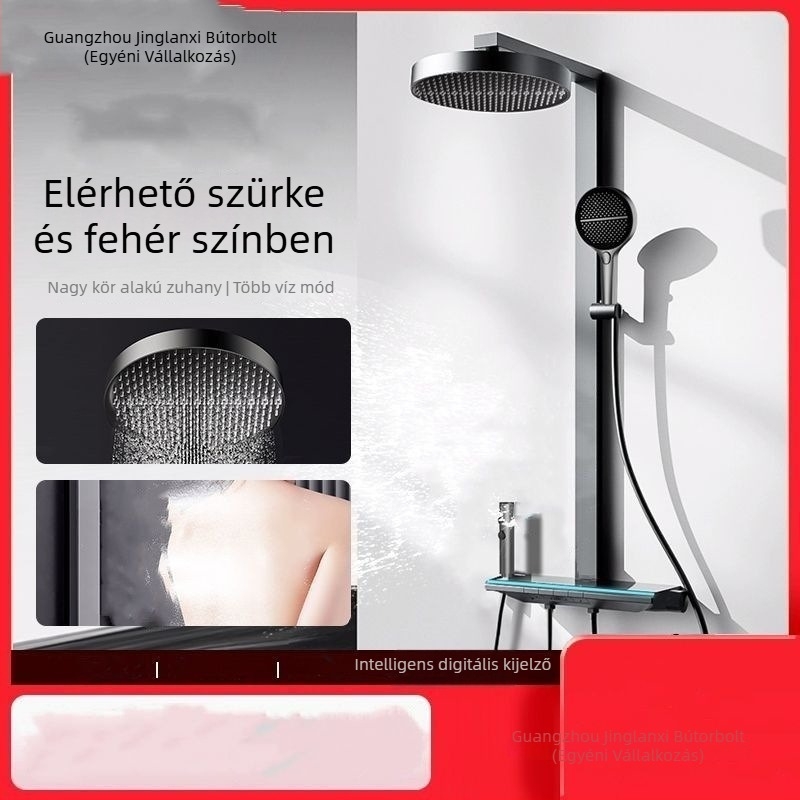 Beépített négyzet alakú zuhanyfej 304 rozsdamentes acélból, forgatható, állítható beállításokkal és nyomásfokozó funkcióval, digitális kijelző a konstans hőmérséklethez, modern minimalistikus kialakítás